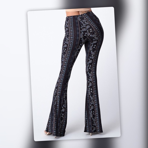 Tik Tok Famous Black Blue Tribal Print Bell Bottom Flare Stretch Pants - Picture 5 of 14
